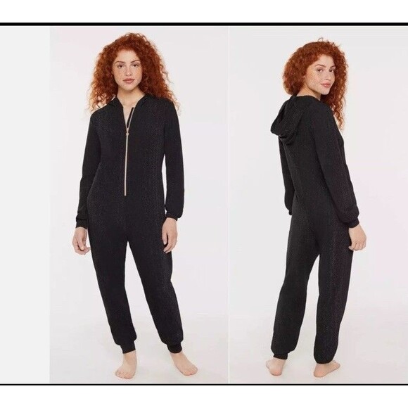 Savage x Fenty‎ Sleep & Shine Black Sparkly Metallic Hooded Jogger Jumpsuit XS - Picture 1 of 7